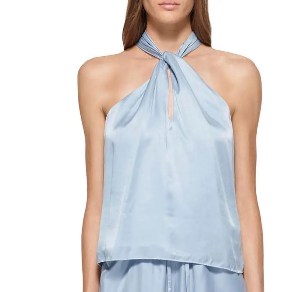 NWT Jonathan Simkhai Womens Blue Pleated Sleeveless Halter Top Shirt L